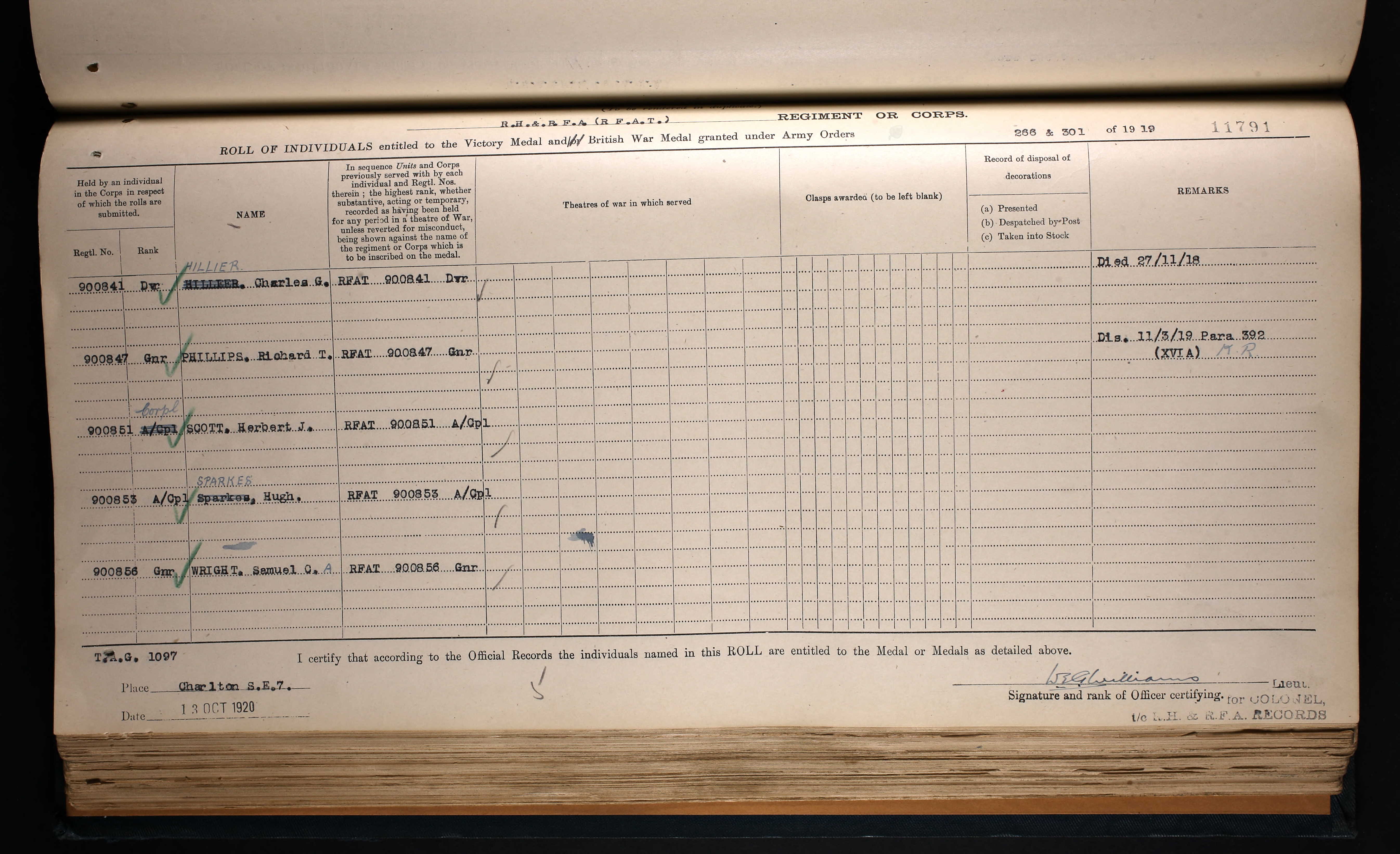 Charles George Hilliar's Medal Roll